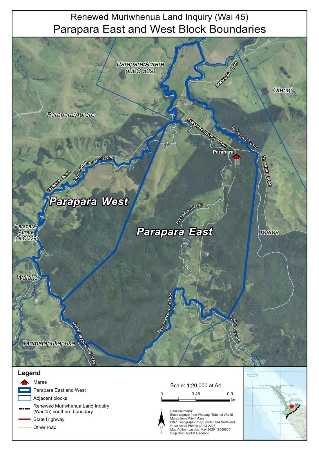 Aerial map showing the Parapara East and West block boundaries, with Parapara Marae marked