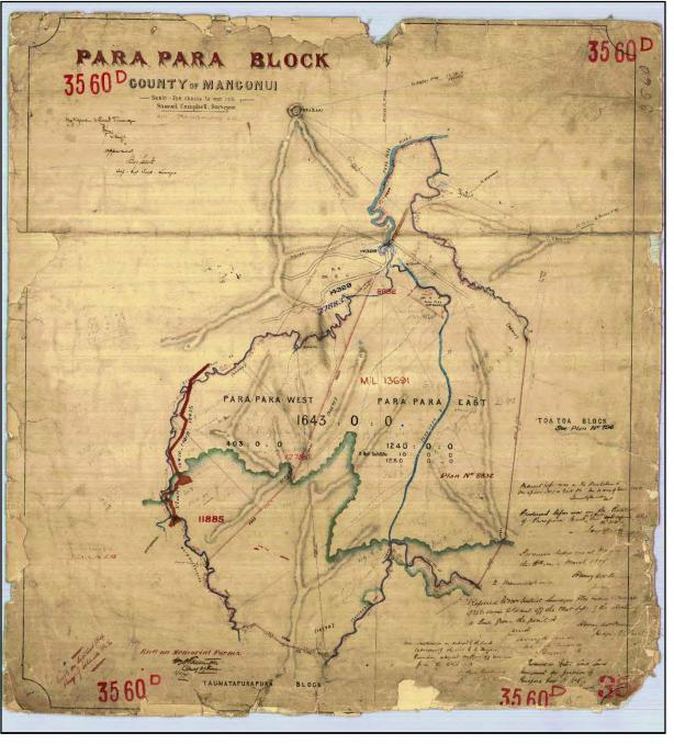 Original 1877 survey plan of Parapara East and West blocks
