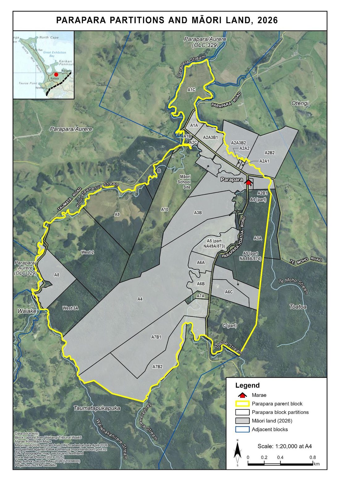 2026 map showing the current Parapara block partitions and remaining Māori land