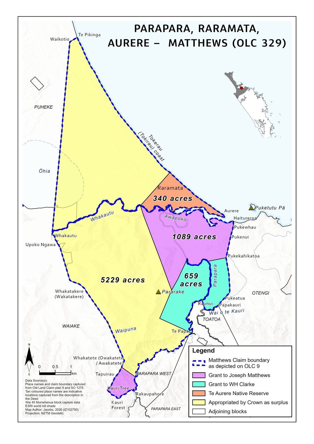Map showing the 1839 Matthews claim at Parapara, Raramata and Aurere, colour-coded by what happened to each portion: 5,229 acres taken as Crown surplus, 1,089 acres to Matthews, 659 acres to his surveyor Clarke, and 340 acres left as reserve