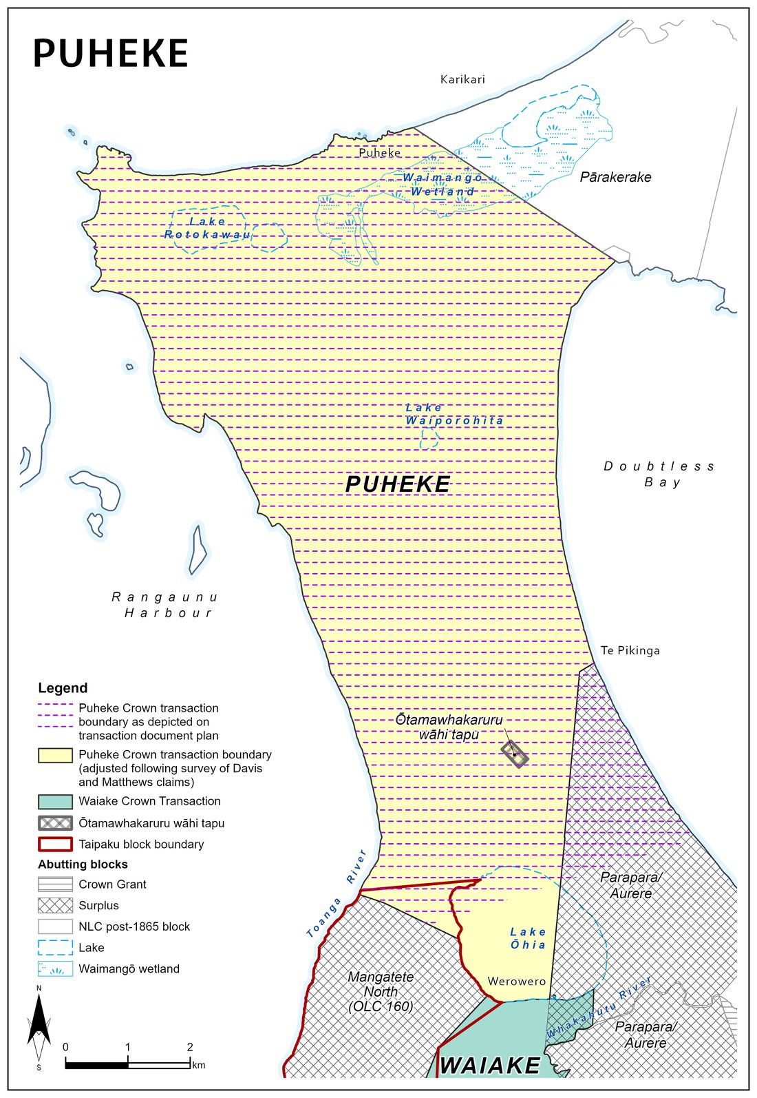 Map of the Puheke block showing the Crown transaction boundary, wetlands, lakes, the Ōtamawhakaruru wāhi tapu, and the neighbouring Waiake transaction