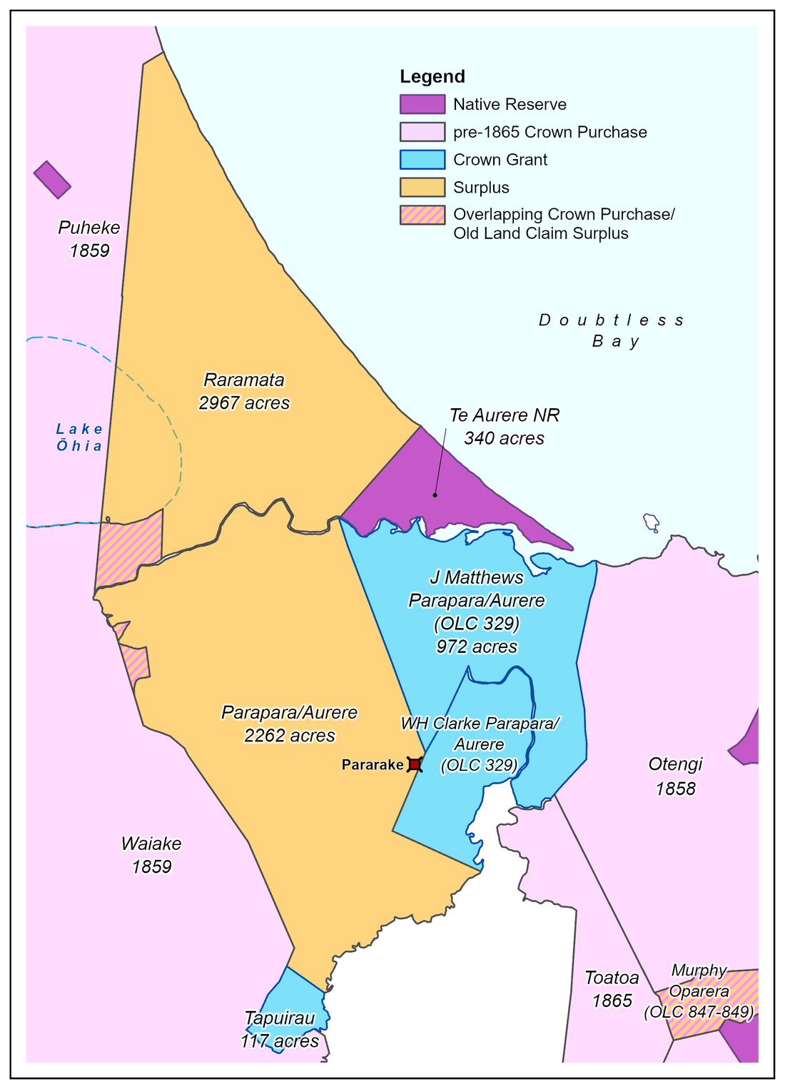 Map showing Parapara, Raramata and Aurere alongside the neighbouring Puheke (1859), Waiake (1859), Otengi (1858) and Toatoa (1865) blocks, colour-coded by Native Reserve, Crown Purchase, Crown Grant and Surplus